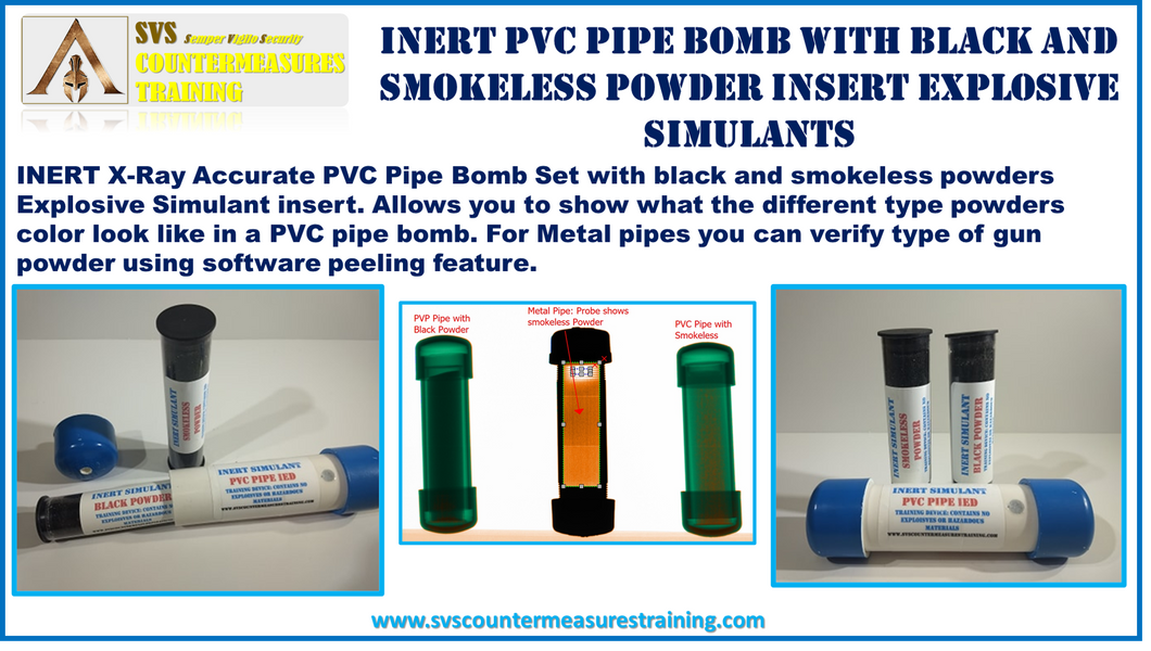 Inert PVC Pipe Bomb with black and smokeless powder inserts  X-Ray Accurate Explosive Simulant